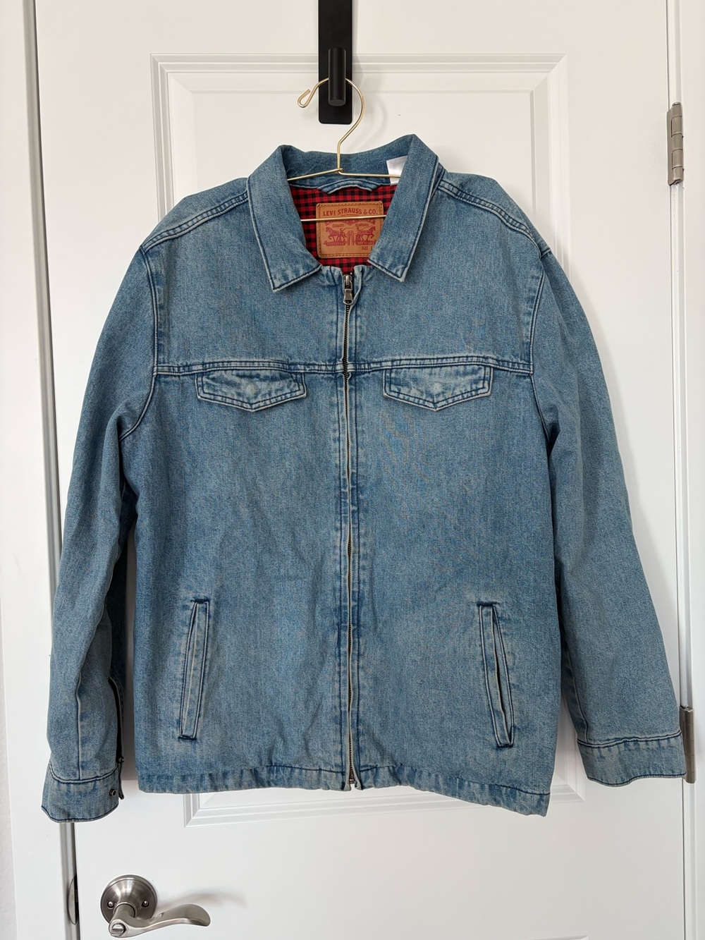 Vintage Levi’s Zip Front Denim Jacket Red Buffalo Plaid Flannel Lined Workwear